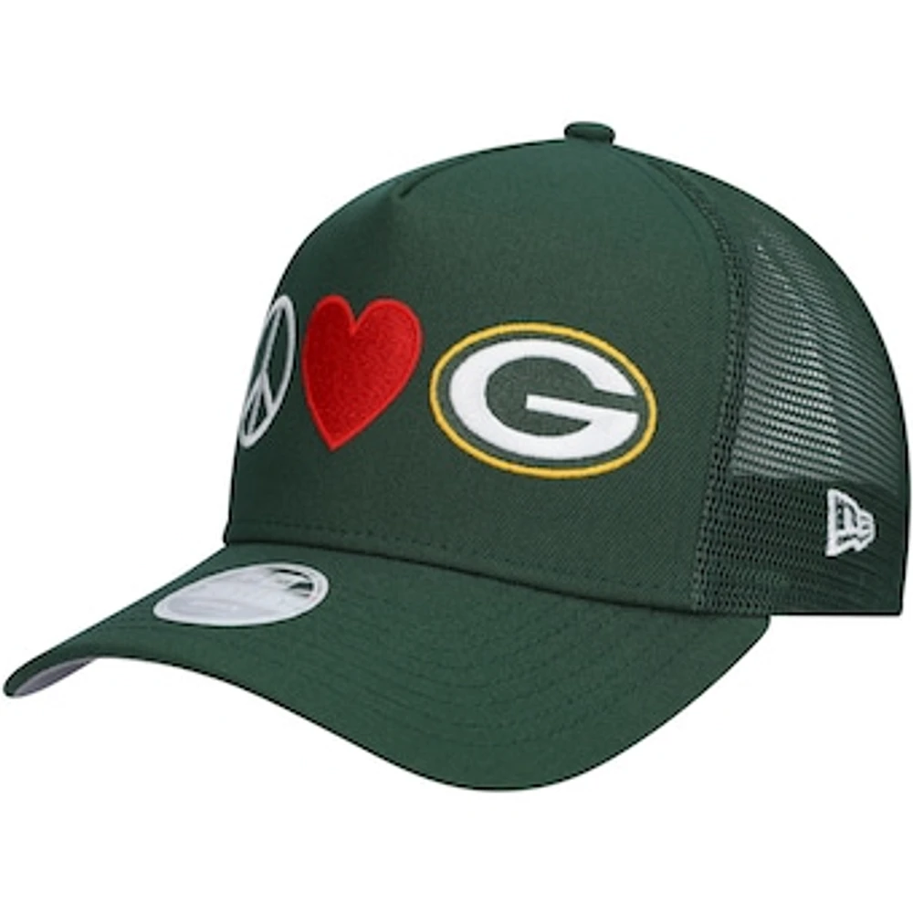 Women's New Era Green Green Bay Packers Peace & Love Trucker 9FORTY Adjustable Hat