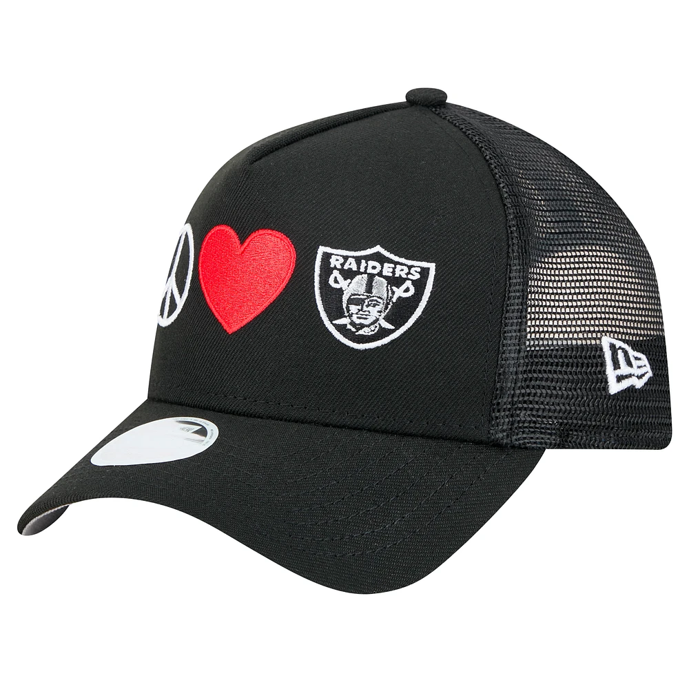 Women's New Era Black Las Vegas Raiders Peace & Love Trucker 9FORTY Adjustable Hat