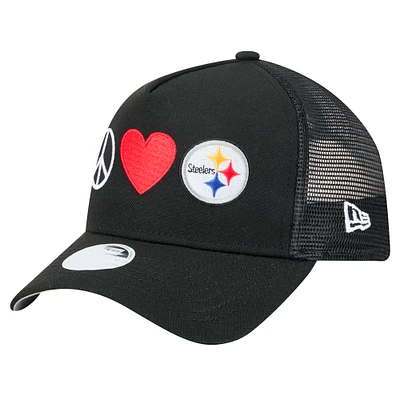 Women's New Era Black Pittsburgh Steelers Peace & Love Trucker 9FORTY Adjustable Hat