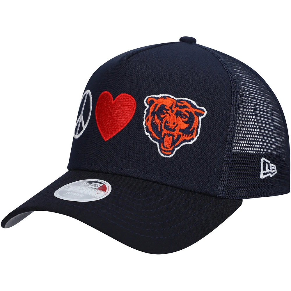 Women's New Era Navy Chicago Bears Peace & Love Trucker 9FORTY Adjustable Hat