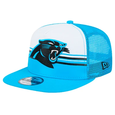 Men's New Era White/Blue Carolina Panthers Striped A-Frame 9FIFTY Trucker Snapback Hat