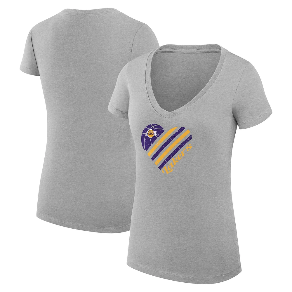 Women's G-III 4Her by Carl Banks Heather Gray Los Angeles Lakers Heart V-Neck T-Shirt
