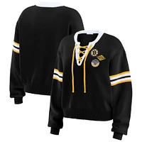 Women's WEAR by Erin Andrews  Black Boston Bruins Cropped Lace-Up Sweater