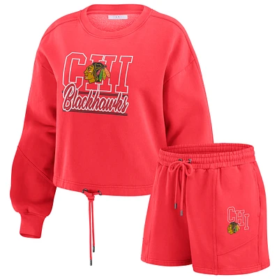 Women's WEAR by Erin Andrews Red Chicago Blackhawks Washed Fleece Sweatshirt & Shorts Lounge Set