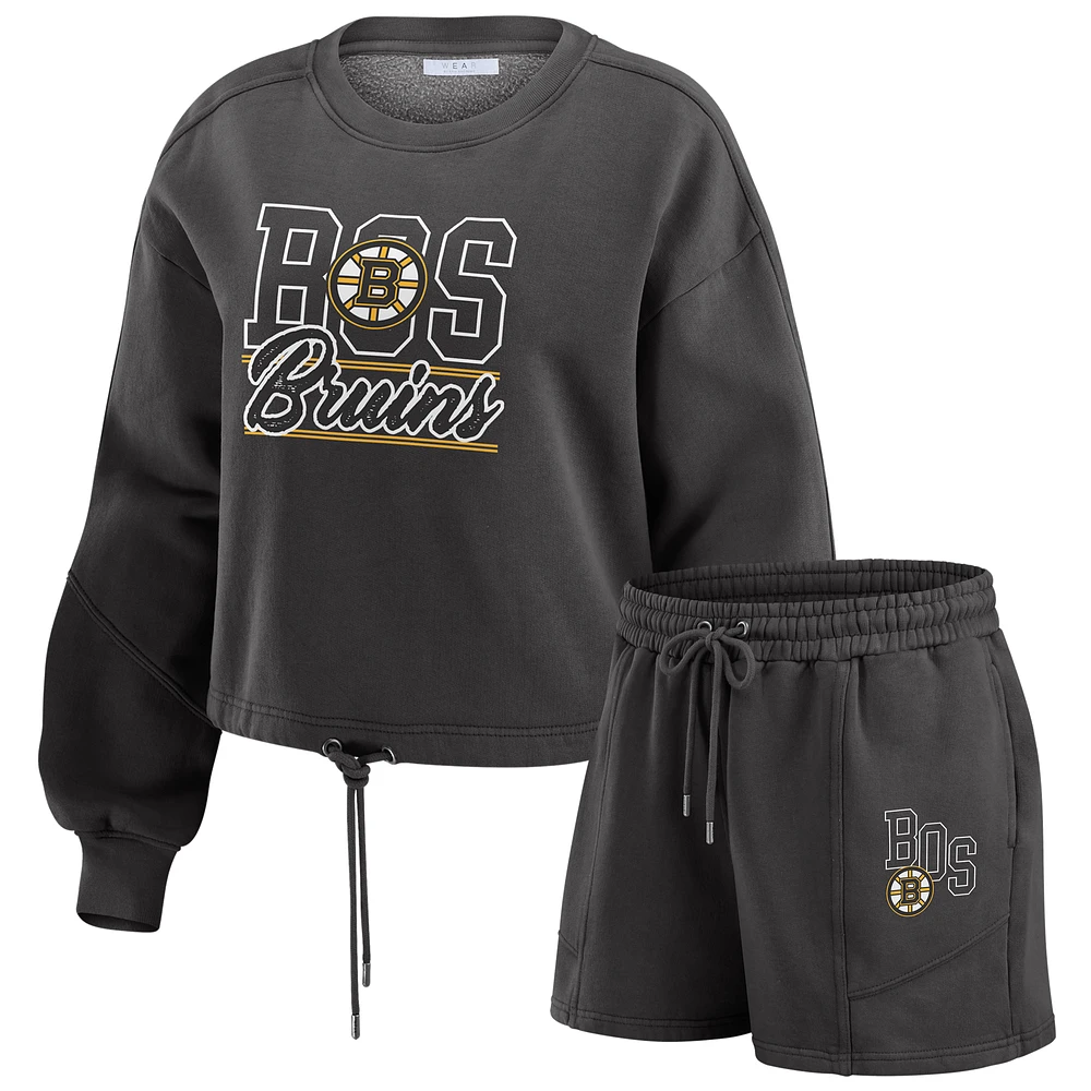 Women's WEAR by Erin Andrews Black Boston Bruins Washed Fleece Sweatshirt & Shorts Lounge Set