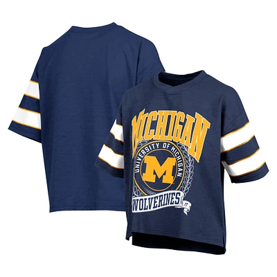 Women's Pressbox Navy Michigan Wolverines Emily Sleeve Stripe Slub T-Shirt