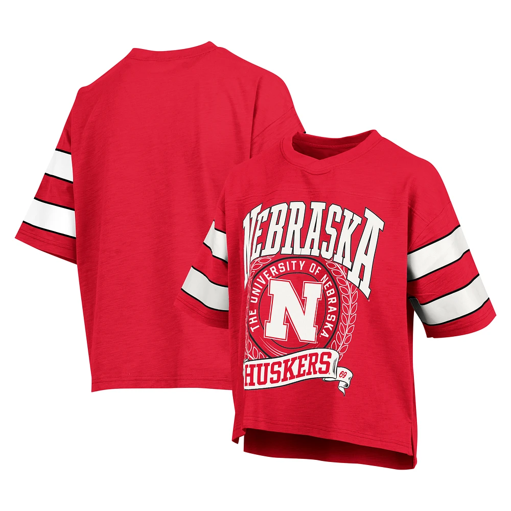 Women's Pressbox Scarlet Nebraska Huskers Emily Sleeve Stripe Slub T-Shirt