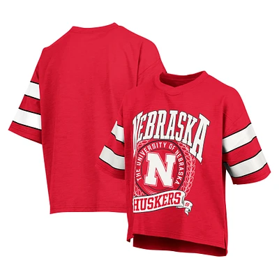 Women's Pressbox Scarlet Nebraska Huskers Emily Sleeve Stripe Slub T-Shirt