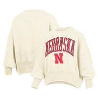 Women's Pressbox  Ivory Nebraska Huskers Oversized Waist-Length Crewneck Sweatshirt