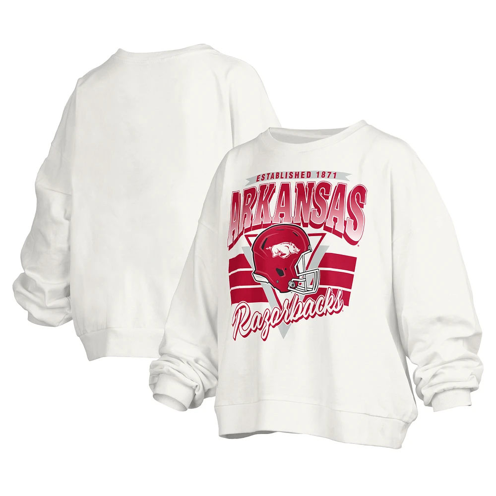 Women's Pressbox White Arkansas Razorbacks Janice Retro Logo Oversized Pullover Sweatshirt