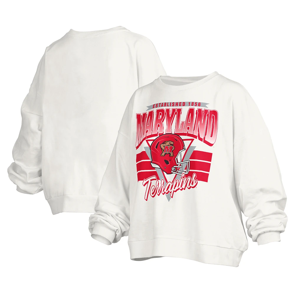 Women's Pressbox White Maryland Terrapins Janice Retro Logo Oversized Pullover Sweatshirt