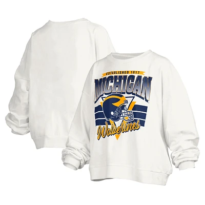 Women's Pressbox White Michigan Wolverines Janice Retro Logo Oversized Pullover Sweatshirt