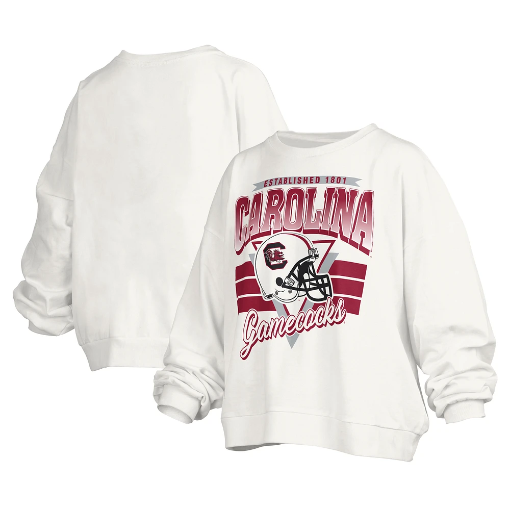 Women's Pressbox White South Carolina Gamecocks Janice Retro Logo Oversized Pullover Sweatshirt