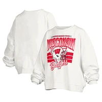 Women's Pressbox White Wisconsin Badgers Janice Retro Logo Oversized Pullover Sweatshirt