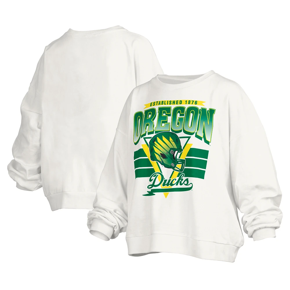 Women's Pressbox White Oregon Ducks Janice Retro Logo Oversized Pullover Sweatshirt