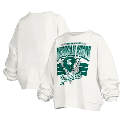 Women's Pressbox White Michigan State Spartans Janice Retro Logo Oversized Pullover Sweatshirt