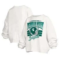 Women's Pressbox White Michigan State Spartans Janice Retro Logo Oversized Pullover Sweatshirt