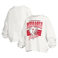 Women's Pressbox White Nebraska Huskers Janice Retro Logo Oversized Pullover Sweatshirt