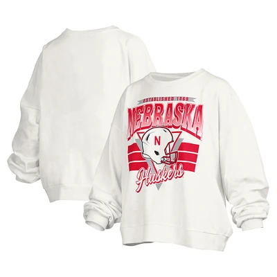 Women's Pressbox White Nebraska Huskers Janice Retro Logo Oversized Pullover Sweatshirt