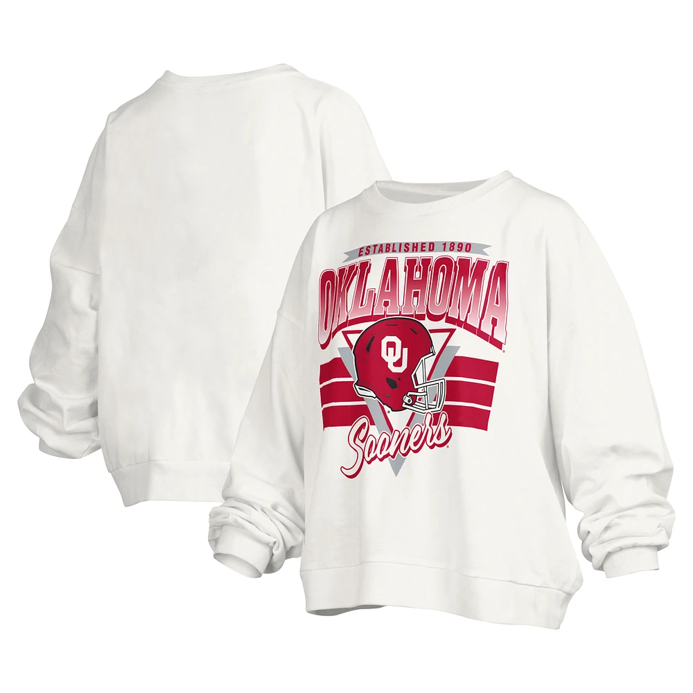 Women's Pressbox White Oklahoma Sooners Janice Retro Logo Oversized Pullover Sweatshirt