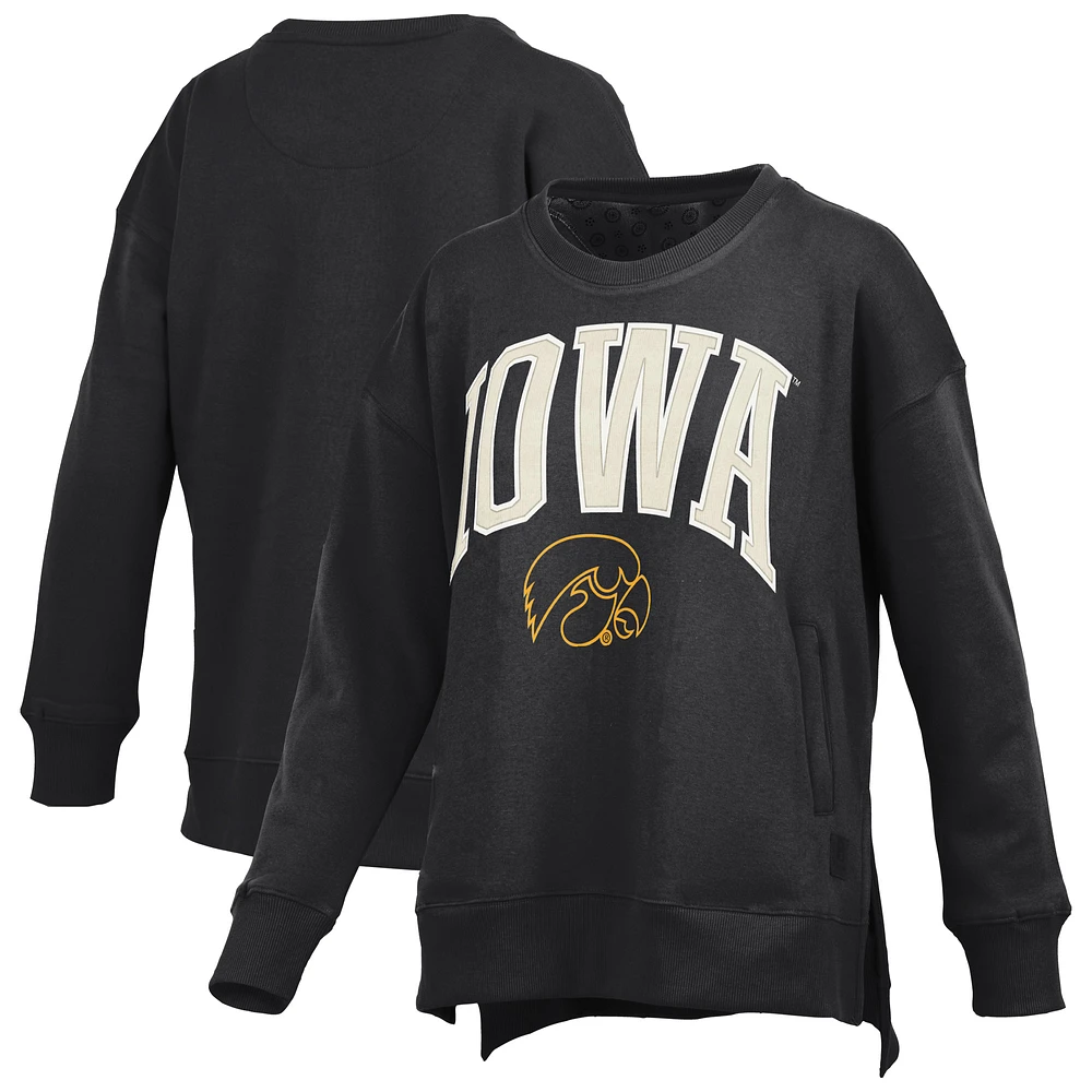 Women's Pressbox Black Iowa Hawkeyes Pocketed Arch Pullover Sweatshirt