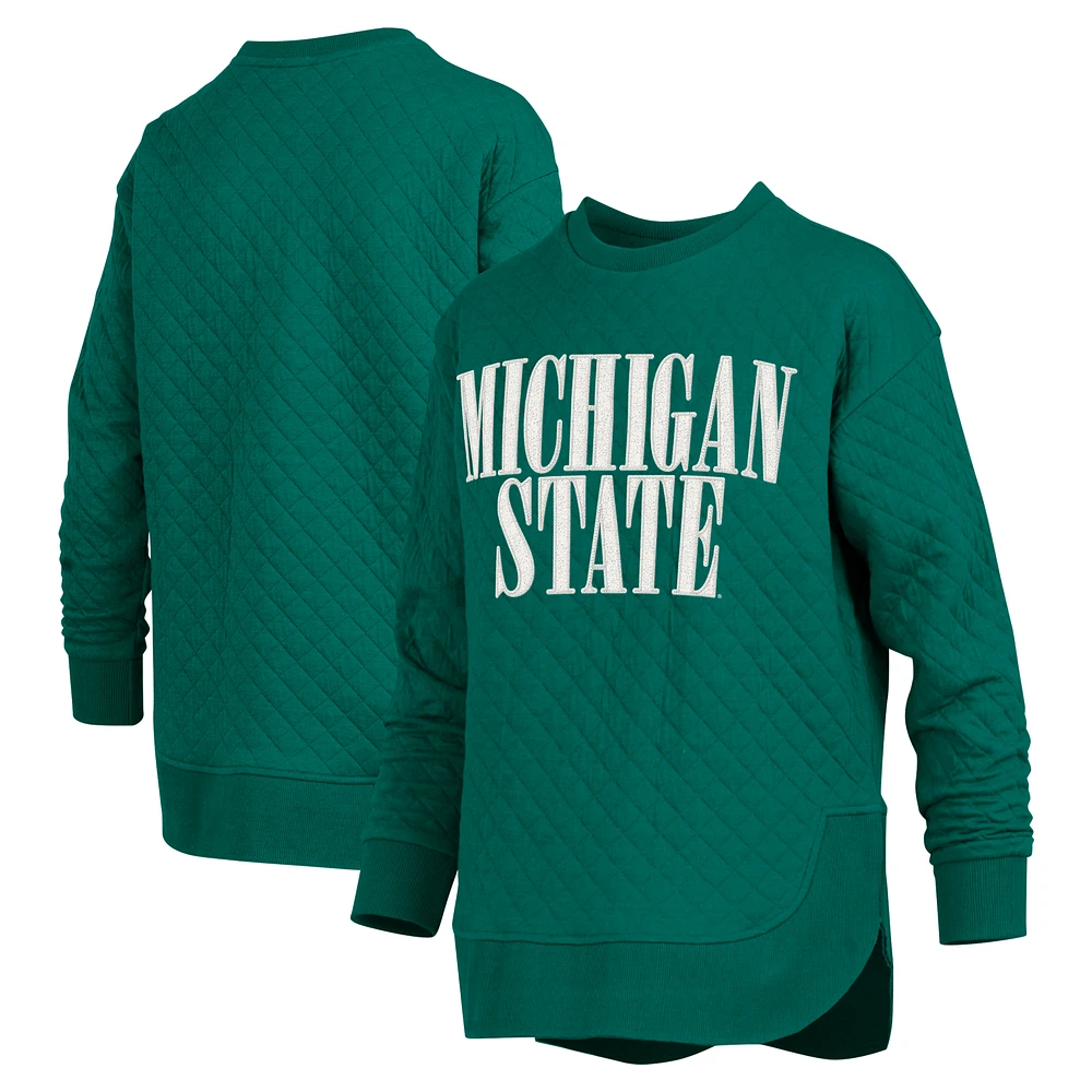 Women's Pressbox Green Michigan State Spartans Quilted Long Sleeve Pullover Sweatshirt