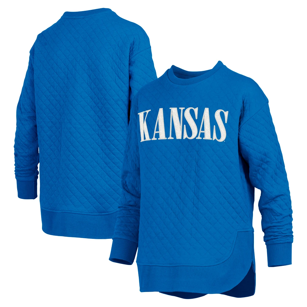 Women's Pressbox Royal Kansas Jayhawks Quilted Long Sleeve Pullover Sweatshirt