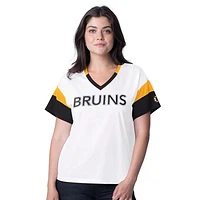 Women's G-III 4Her by Carl Banks  White Boston Bruins Rink Oversized Rhinestone V-Neck T-Shirt