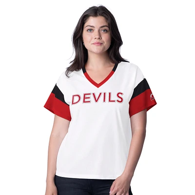 Women's G-III 4Her by Carl Banks  White New Jersey Devils Rink Oversized Rhinestone V-Neck T-Shirt