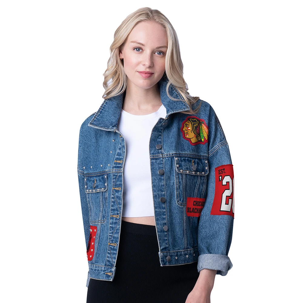 Women's G-III 4Her by Carl Banks  Chicago Blackhawks Game Ball Cropped Button-Up Denim Jacket