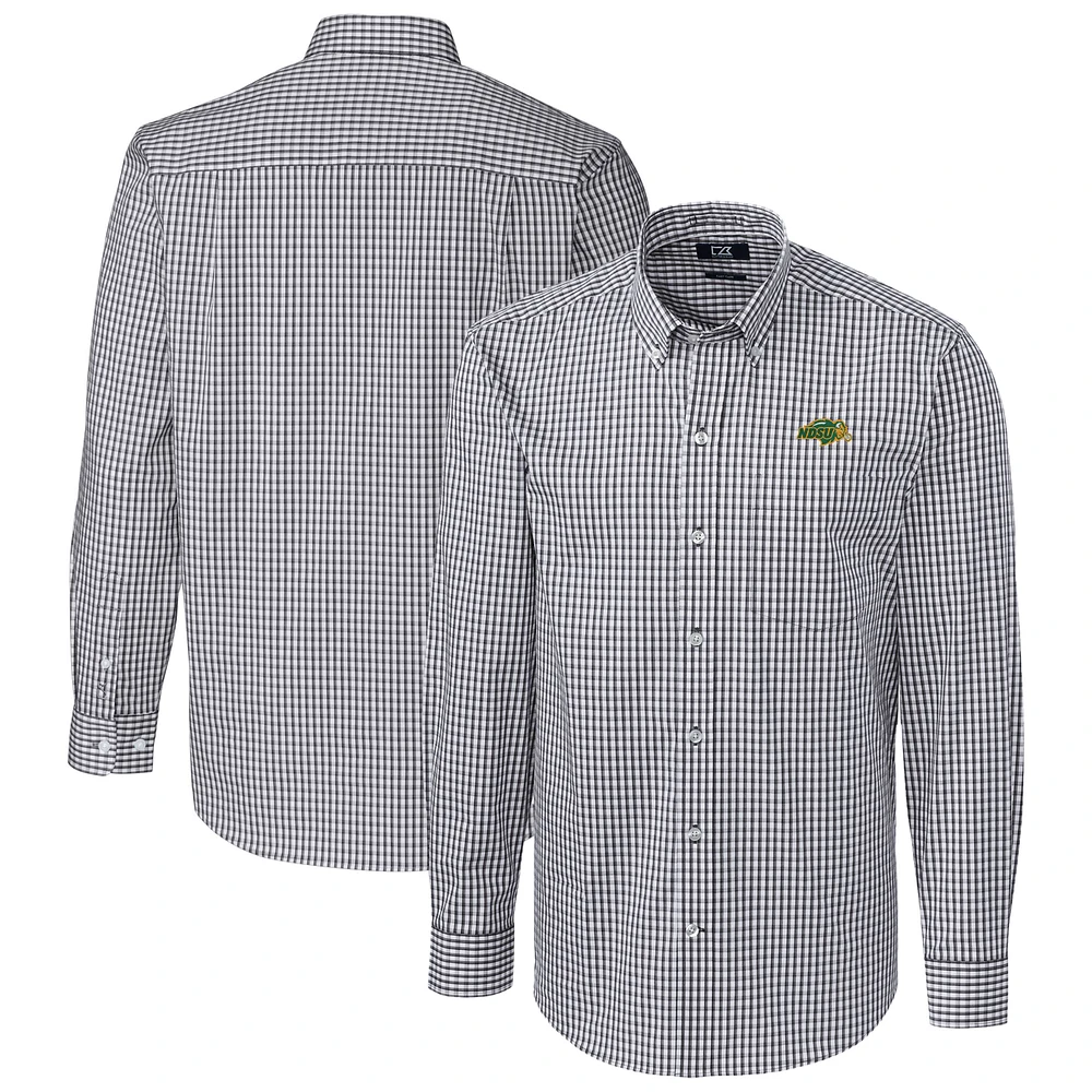 Men's Cutter & Buck Charcoal NDSU Bison Stretch Gingham Tri-Blend Long Sleeve Button-Down Dress Shirt
