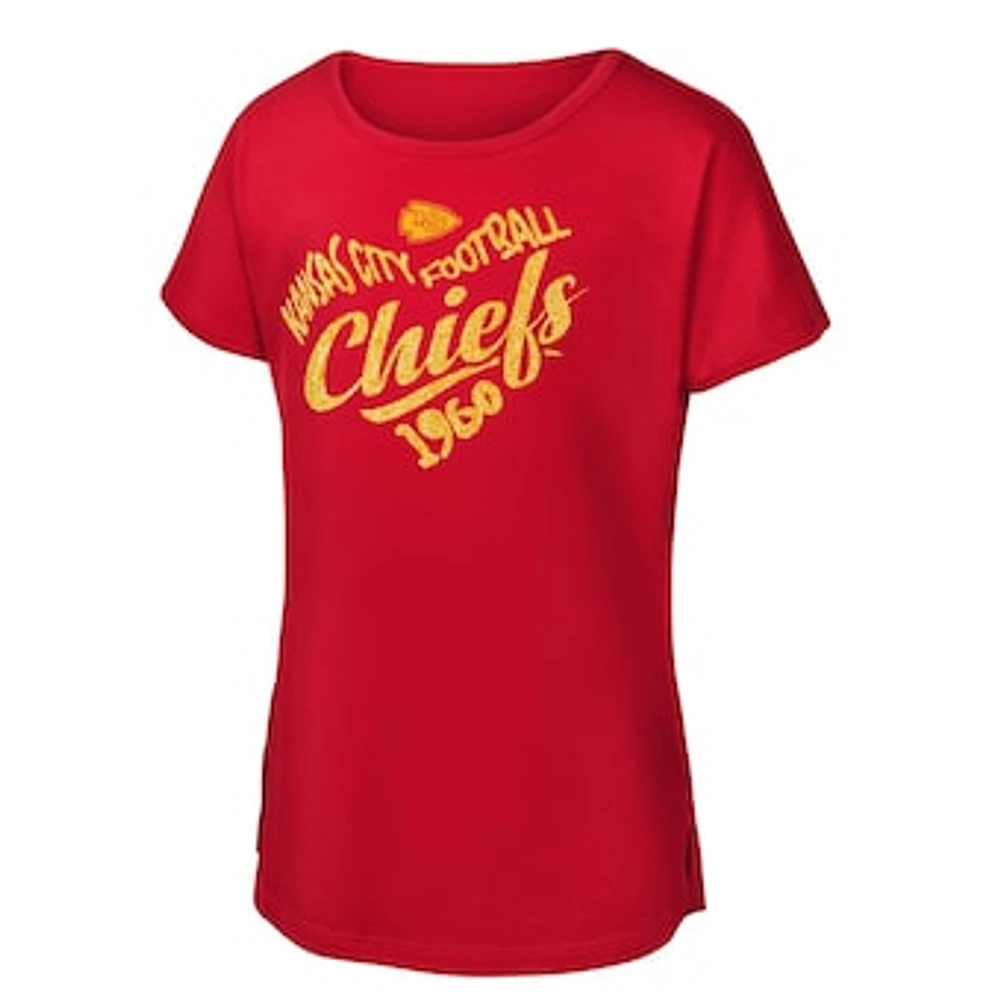 Girls Youth Red Kansas City Chiefs Script Heart Dolman T-Shirt