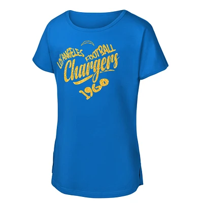 Girls Youth Powder Blue Los Angeles Chargers Script Heart Dolman T-Shirt