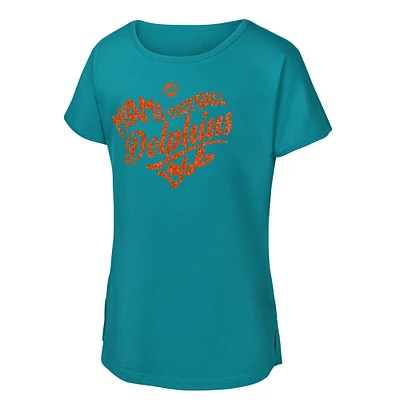 Girls Youth Aqua Miami Dolphins Script Heart Dolman T-Shirt