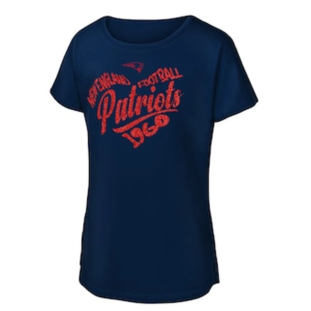 Girls Youth Navy New England Patriots Script Heart Dolman T-Shirt