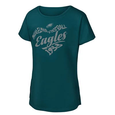 Girls Youth Midnight Green Philadelphia Eagles Script Heart Dolman T-Shirt