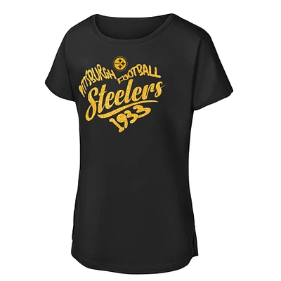 Girls Youth Black Pittsburgh Steelers Script Heart Dolman T-Shirt