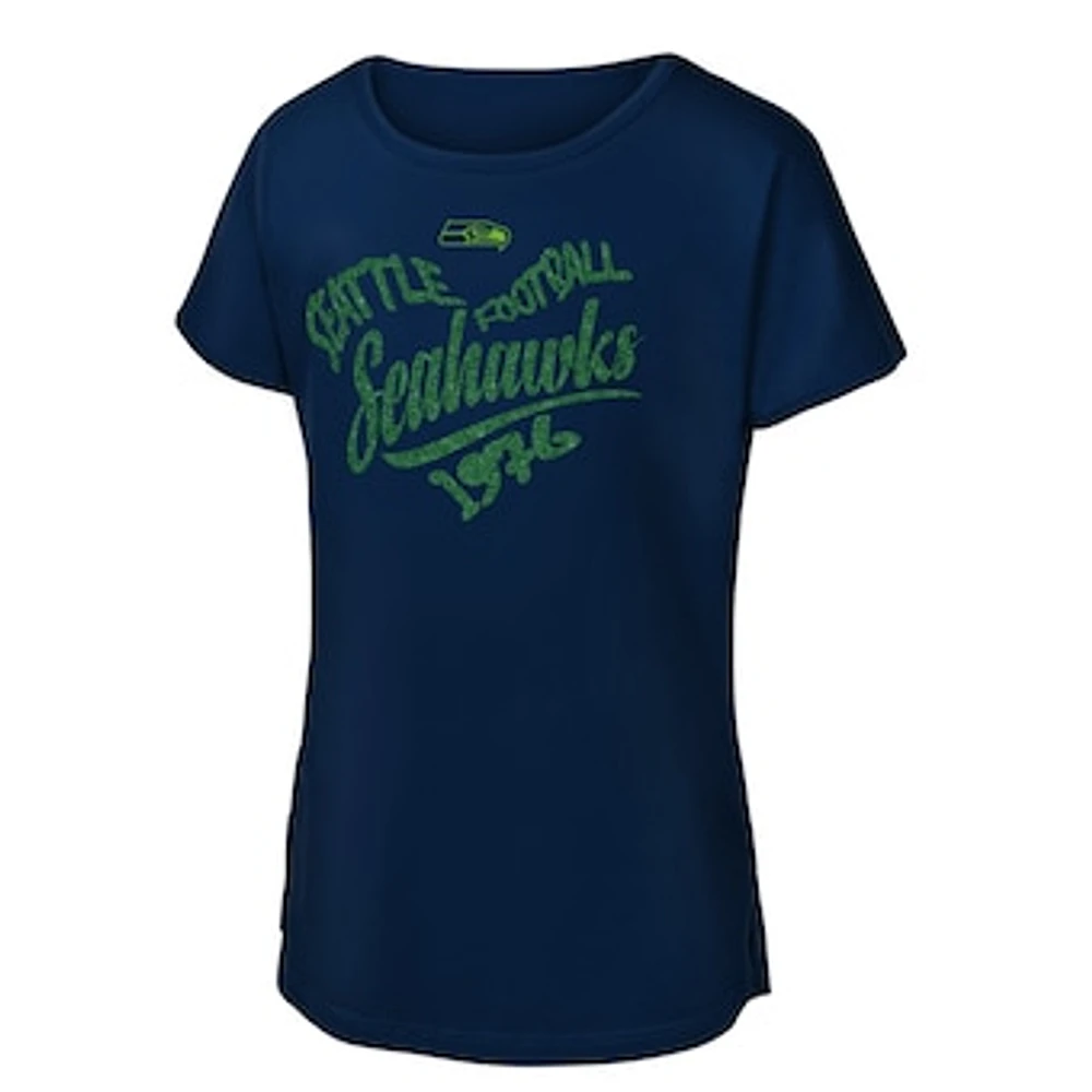 Girls Youth College Navy Seattle Seahawks Script Heart Dolman T-Shirt