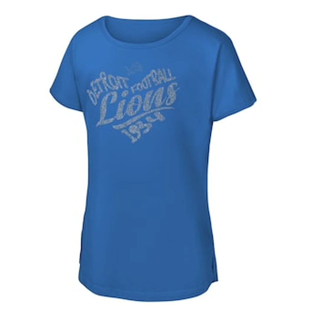 Girls Youth Blue Detroit Lions Script Heart Dolman T-Shirt