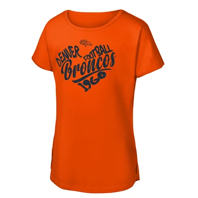 Girls Youth Orange Denver Broncos Script Heart Dolman T-Shirt