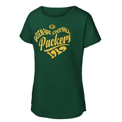 Girls Youth Green Green Bay Packers Script Heart Dolman T-Shirt