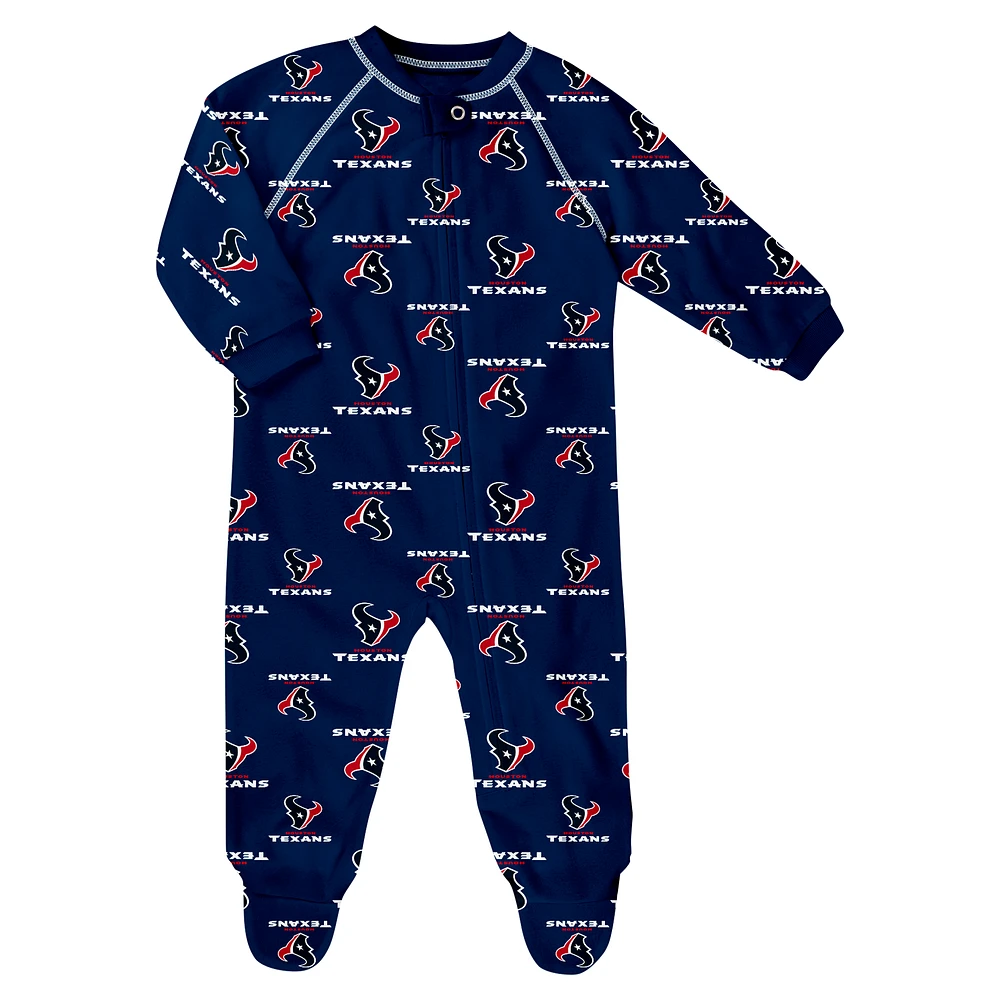 Infant  Navy Houston Texans Allover Print Raglan Full-Zip Sleeper