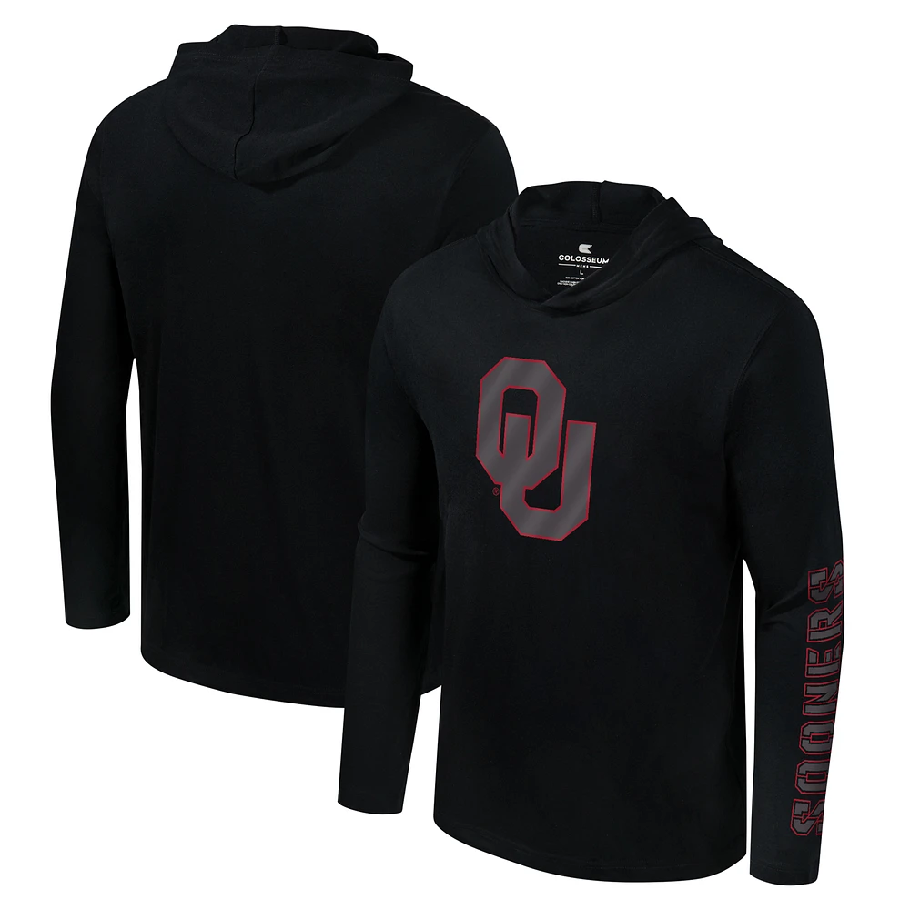 Men's Colosseum Black Oklahoma Sooners Color Pop Active Blend 2-Hit Long Sleeve Hooded T-Shirt