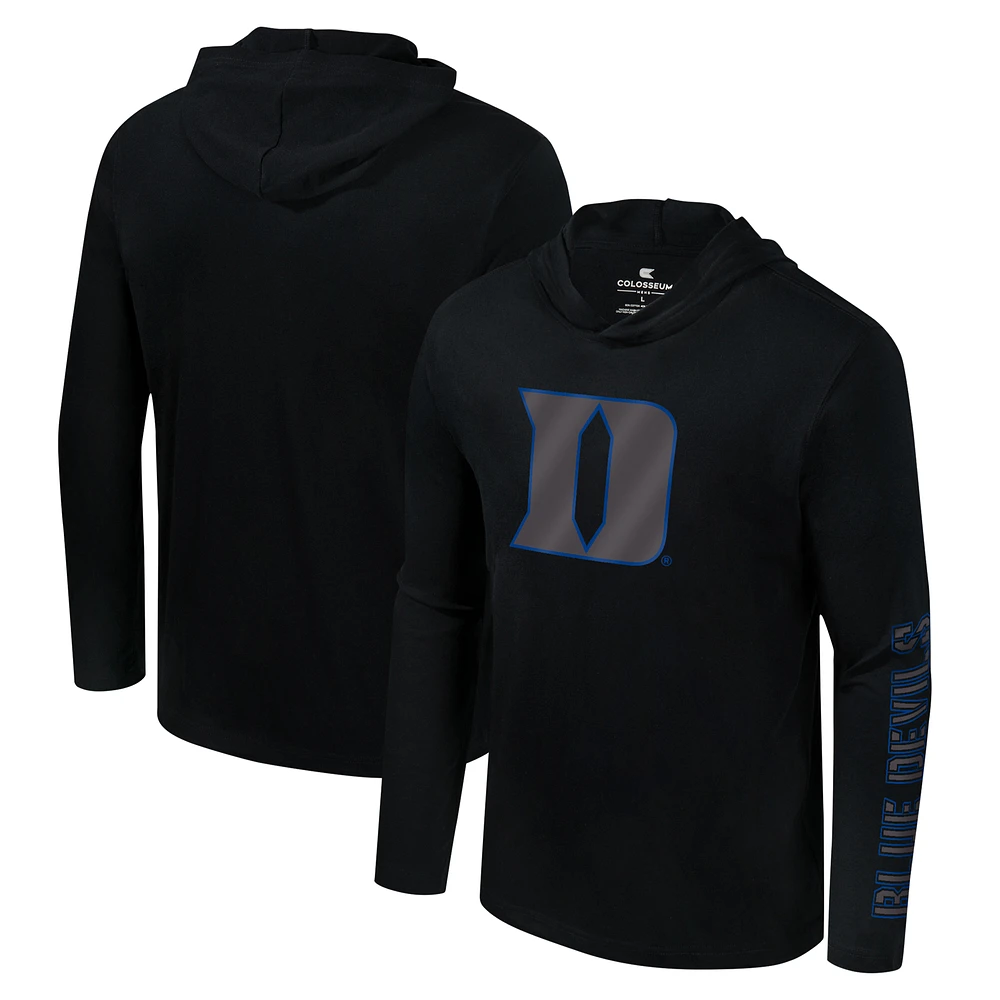 Men's Colosseum Black Duke Blue Devils Color Pop Active Blend 2-Hit Long Sleeve Hooded T-Shirt