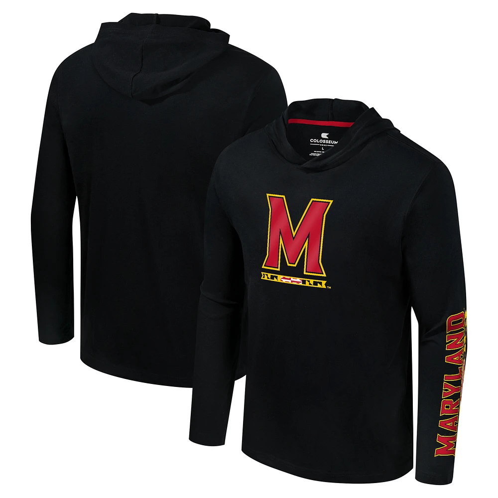Men's Colosseum Black Maryland Terrapins Logo Lockup Active Blend Long Sleeve T-Shirt Hoodie