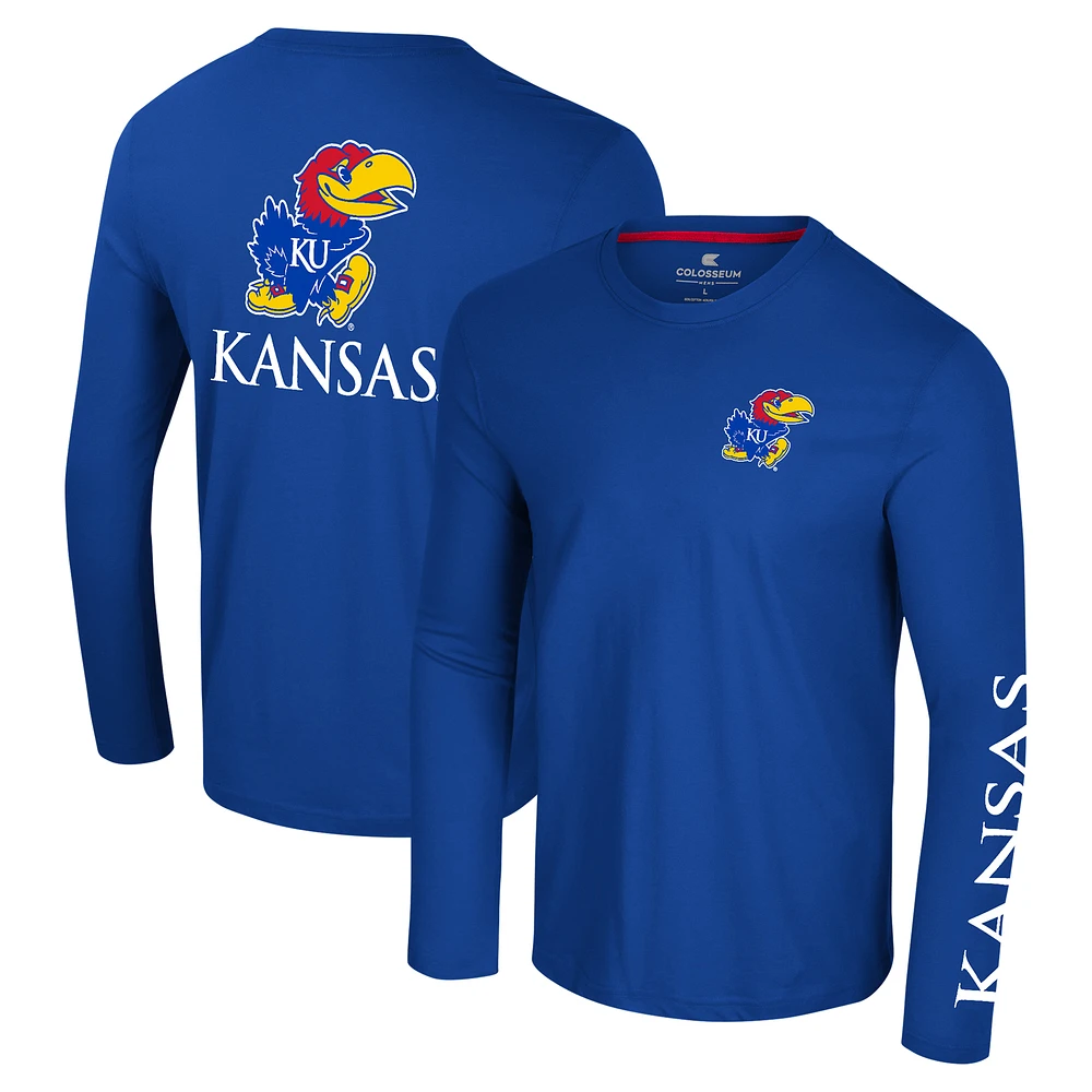 Men's Colosseum Royal Kansas Jayhawks Logo Lockup 3-Hit Active Blend Long Sleeve T-Shirt