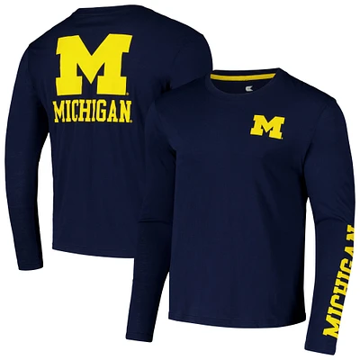 Men's Colosseum Navy Michigan Wolverines Logo Lockup 3-Hit Active Blend Long Sleeve T-Shirt