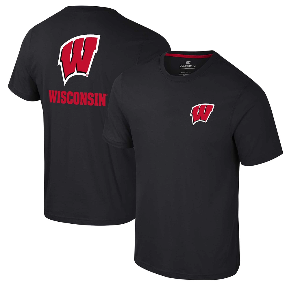 Men's Colosseum Black Wisconsin Badgers Logo Lockup 2-Hit Active Blend T-Shirt