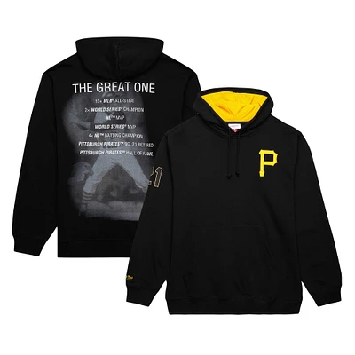 Men's Mitchell & Ness Roberto Clemente Black Pittsburgh Pirates Vintage Logo Name Number Pullover Hoodie