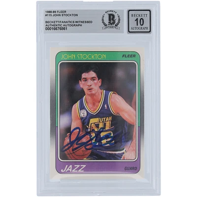 John Stockton Utah Jazz Autographed 1988-89 Fleer #115 Beckett Fanatics Witnessed Authenticated 10 Rookie Card
